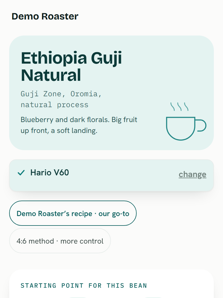 Brew recipe page for one bean