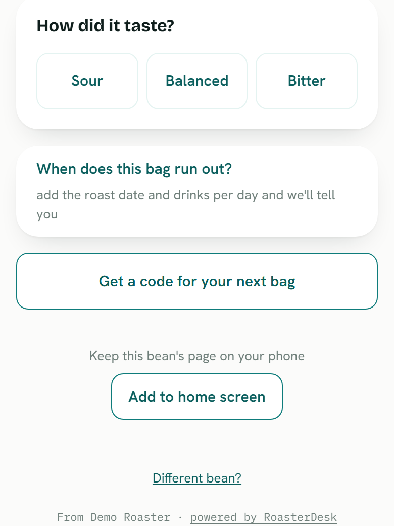 Taste feedback page with three buttons